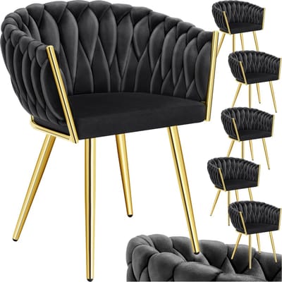 tectake® - Set van 6 Fluwelen eetkamerstoelen - Kuipstoel met armleuning in knooplook - Eetkamerstoel - Moderne eetkamerstoel voor woonkamer en eetkamer - Keukenstoel - Kaptafelstoel - Slaapkamerstoel - Diverse kleuren - Zwart/Goud