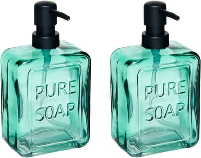 Berilo zeeppompje/dispenser PURE - 2x - groen transparant - glas - 18 x 6 x 10 cm - 570 ml - badkamer/toilet/keuken