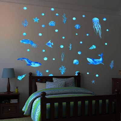 Fluorescerende Wandstickers van Zeewezens voor Kinderen - 2 Stuks Walvis en Zeedieren Decoratie voor de Kinderkamer - Luminous Wanddecoratie voor een Magische Sfeer