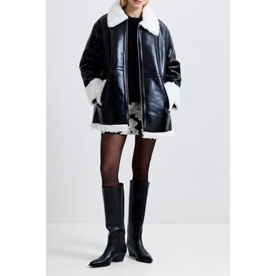 French Connection Ajani Pu Faux Fur Coat Black Cream Größe: S | Lederjacken Outlet | Damen | Schwarz