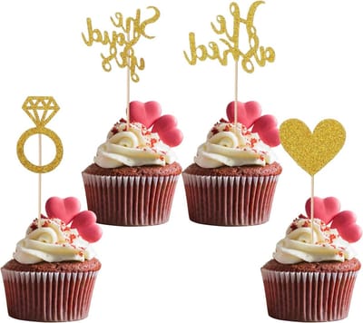 24 Stuks "He Asked, She Said Yes" Cupcake Toppers voor Bruiloft en Verloving, Versieringen voor Bruidsshower en Feestjes met Hart en Diamant Ring
