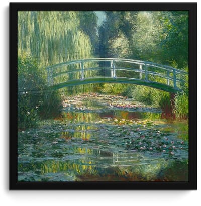 Poster in lijst - Fotolijst 40x40 cm - Posters - Brug - Hout - Vijver - Waterlelies - Posterlijst zwart - Decoratie - Wanddecoratie woonkamer - Muurdecoratie slaapkamer