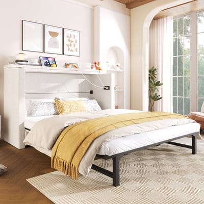 Wishdor Opklapbed - 140 x 200 cm - USB en Type-C - Lade en Omvormbaar Legvak - Linnen en MDF - Beige - Ruimtebesparend Gastenbed