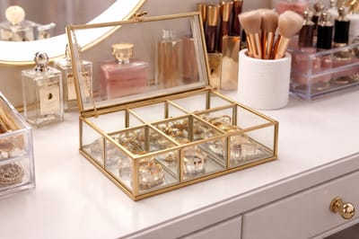 Luxe Glazen Make-up & Sieraden Organizer – Glas & Metaal – Goud- 8.5x16x21.5 cm