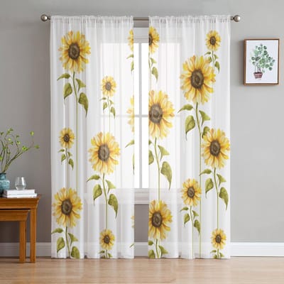 Aquarel Zonnebloem Witte Transparante Gordijnen voor Woonkamer Decoratie Raamgordijnen voor Keuken Tule Voile Organza Gordijnen W135 x H115cm x1 white