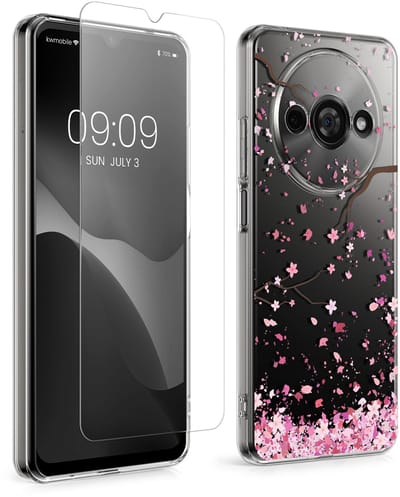 kwmobile telefoonhoesje geschikt voor Xiaomi Redmi A3 hoes - Telefoonhoesje voor smartphone - Telefoon cover - Met glazen schermbeschermer - Kersenbloesembladeren design