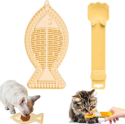 Famanu – Slow Feeder Kattenkom en Voerlepel - Anti-Schrokbak - Kattenlepel - Kattenlekkernij-Striplepel - 12.5 x 10 x 2 cm - 111 kg - Siliconen - Handmatig - Meerdere Huisdieren