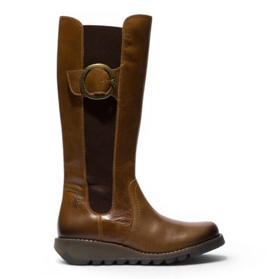 Fly London Dames beige leren kniehoge lange laarzen - SOIF361
