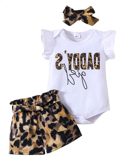 Set van 4 Stuks Baby Kleding voor Zomer met Korte Mouwen, Luipaardpatroon Romper, Shorts, Haarband en Ceintuur voor Meisjes van 0-24 Maanden