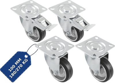 AMIG Zwenkwielen 100mm Set van 4 Rem+Zonder - 270kg Rubber Meubelwiel