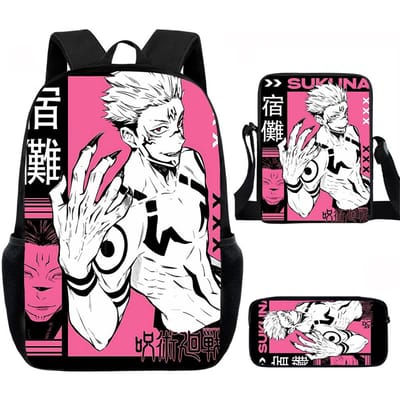 J-Jujutsu Kaisen 3-delige Set Rugzak 40cm/15.7inch Schooltassen Schoudertas Etui Computer Boekentas voor Jongens Meisjes Beste Cadeau pink