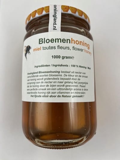 Honingland : Bloemen Honing ( Rauwe ), Miel toutes fleurs, Mil flores (Duizend Bloemen) Flower Honey 1000 gram.