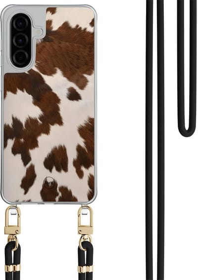 Telefoonhoesje met koord geschikt voor Samsung A26 - Cow vibe - Inclusief Zwart koord - Transparant, Bruin - Print - Crossbody beschermhoes - Met Telefoonketting