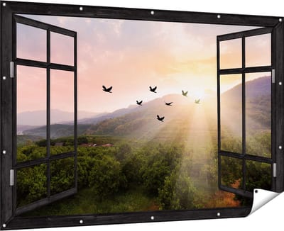 Gards Tuinposter Doorkijk Silhouet Zwerm Vogels bij Zonsondergang - 180x120 cm - Tuindoek - Tuindecoratie - Wanddecoratie buiten - Tuinschilderij