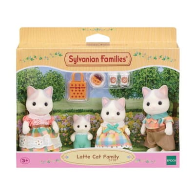 Sylvanian Families 5738 Familie Latte Kat- 4 fluweelzachte speelfiguren-Deze figuren kunnen drankjes en een boodschappentas in hun handen houden.
