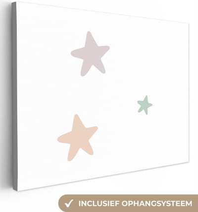 Canvas kinderen - Slaapkamer decoratie - Sterren - Pastel - Wit - Patroon - Muurdecoratie kinderkamer - Schilderij voor kinderen - 40x30 cm - Canvasdoek Kids