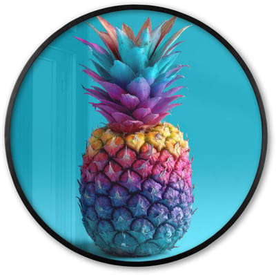 Poster in lijst Rond - Fotolijst 60x60 cm - Posters - Ananas - Regenboog - Blauw - Popart - Ronde posterlijst zwart - Decoratie - Wanddecoratie woonkamer - Muurdecoratie slaapkamer