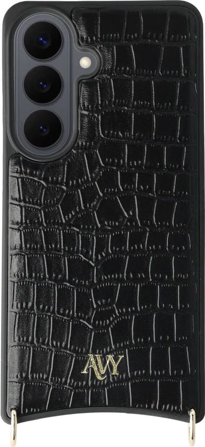 AVY Leren Hoesje Geschikt voor Samsung Galaxy S26 | Compatibel met MagSafe | Leather Case met Telefoonkoord | Polsband | Croco Zwart | Cupid Black
