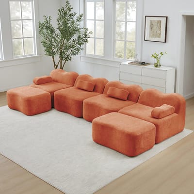 BLACKCOLORS Modulaire U-vormige 4-zitsbank Boneless met 2 chaise longues, golvende vorm, schuim met hoge dichtheid 32D, verplaatsbaar armleuningkussen, zachte stof, voor de woonkamer, oranje