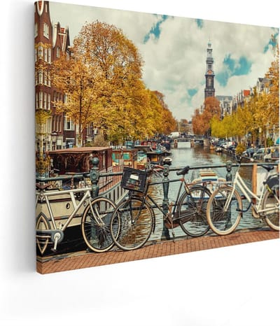 Artaza Canvas Schilderij Amsterdam - 100x80 cm - Groot - Wanddecoratie Grachten - Muurdecoratie Herfst - Schilderijen Op Canvas Fiets