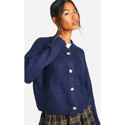 boohoo Dames Zachte ribgebreide bomber-cardigan | Navy | Maat: Medium