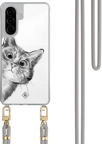Casimoda® hoesje met grijs koord - Geschikt voor Samsung A36 - Peekaboo Kat - Afneembaar koord - TPU/polycarbonaat - Grijs
