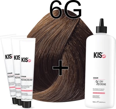 Kis KeraCream Color - 100ml - Haarverf Set - 6G Donker goudblond | KIS - (3 x haarverf & 1L waterstofperoxide)