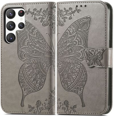YPCd - Bookcase geschikt voor Samsung Galaxy S23 Ultra - Vlinder Design - Portemonnee / Wallet Hoesje - Grijs