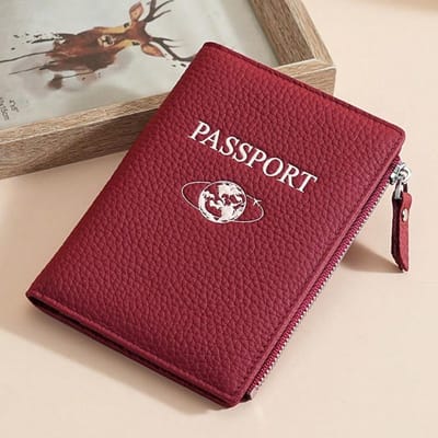 Sac Passeport Multifonctionnel Étui Protecteur en Cuir Portefeuille à Fermeture Éclair RFID Étui Passeport Sac pour Pièces d'Identité Porte-Passeport de Voyage burgundy multicolore