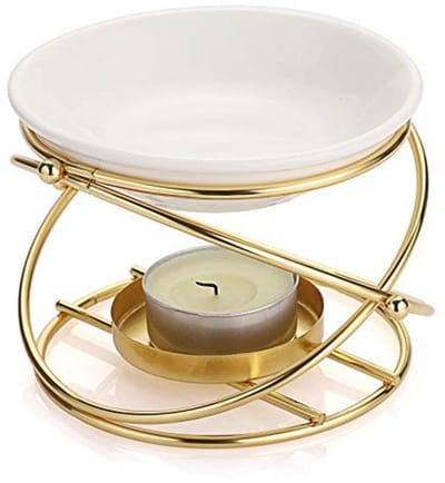 Metalen etherische oliebrander met keramische kom - Decoratieve theelichtkaarsenhouder en geurverspreider in goud