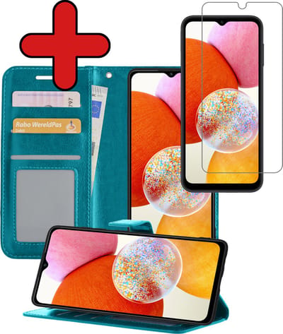 Hoesje - Met Screenprotector - Geschikt voor Samsung Galaxy A14 - Luxe Pasjeshouder - Flipcase - Bookcase Portemonee - Flip Case - Kunstleer Book Case - Book Cover - Walletcase - Portemonneehoes - Telefoonhoes - Turquoise