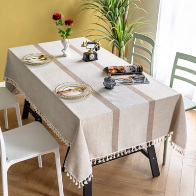 Rechthoekig tafelkleed voor buiten, vuilafstotend, wasbaar, stof, eettafel, keuken, picknick, tafelkleed, pompon-design, tafeldecoratie