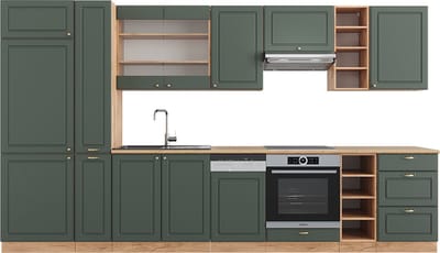Vicco Fame-Line Complete keukeneenheid – 355 cm zonder werkblad Groen-Goud Land/Goud Power Eik