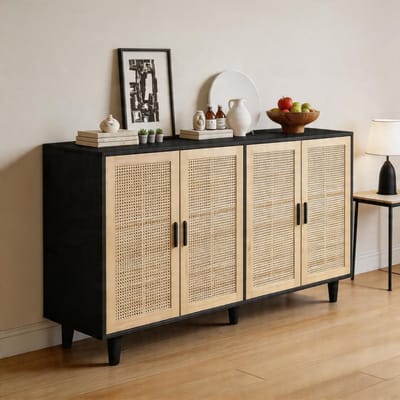 Komhtom - Elegante decoratieve rotan opbergkast - 158 cm breed - Met 4 deuren - Geschikt voor slaapkamer, woonkamer en kantoor - Zwart
