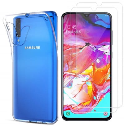 Hoesje Ultraslank geschikt voor Galaxy a70 backcover siliconen Transparant en 2 stuks ScreenProtector Gehard Glas