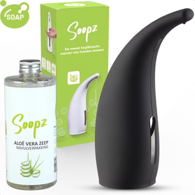 Soopz Automatische Zeepdispenser – Mat Zwart – Black Graphite Classic – Zeeppompje met Bewegingssensor – Met Aloë Vera Zeep