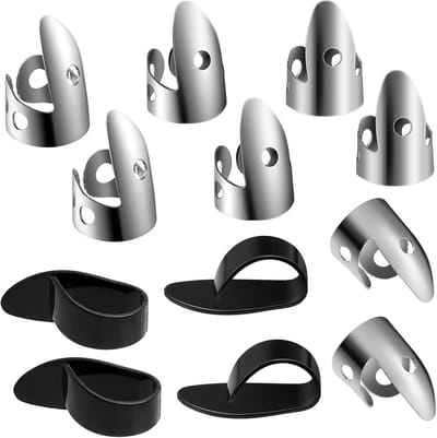 Oneay 12-delige stalen toetsset, bestaande uit roestvrijstalen toetsen en duimsteunen, evenals verstelbare metalen accessoires voor basgitaren (eenvoudig ontwerp).