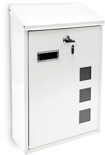 Witte wandbrievenbus met 3 vensters en naamplaatje - Metaal, wandmontage, afmeting 40 x 25 x 10 cm
