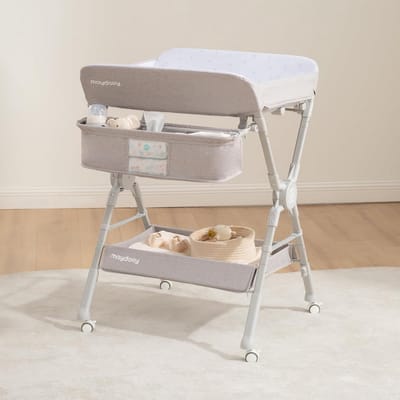 Inklapbare & Verstelbare Babyverzorgingstafel met Wielen - Waterdicht, Ruimtebesparend, met Opbergvakken - tot 15 kg - Grijs