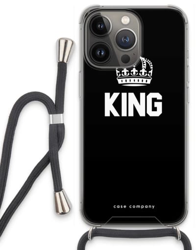 Case Company® - Hoesje met koord geschikt voor iPhone 13 Pro hoesje met Koord - King zwart - Telefoonhoesje met Zwart Koord - Bescherming aan alle Kanten en Over de Schermrand