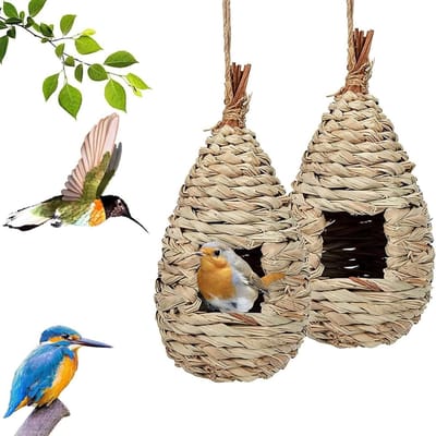 Handgeweven Vogelhuisjes van Gras, 2 Stuks, Perfect voor Parkieten, Kanaries en Kolibries, Ideaal voor Buitengebruik en Tuindecoratie