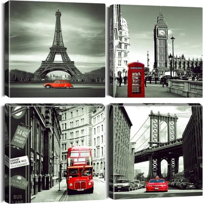 Muurkunst canvas prints - schilderij - rood stadsgezicht met Eiffeltoren, Big Ben, Tower Bridge fotoschilderij, modern muurkunstwerk, ingelijst, voor badkamer kantoor woondecoratie - 30 x 30 cm, 4 stuks