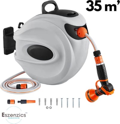 Eszenzics™ Tuinslang - Tuinslanghaspel - Heavy duty - 35 meter slang - Wandslangenbox - 180° draaibaar- Sterk oprolmechanisme - Sproeistuk 9 standen
