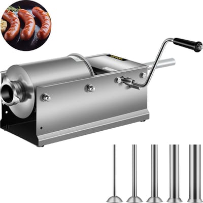 FIBILA Horizontale Worstvuller - Handmatige Worstmaker - Worstenmaker - Roestvrij Stalen Worstmachine - Worstmaker voor Thuis en Commercieel Gebruik - 5 Vulmondstukken - Grote Capaciteit van 3L - - Ergonomische Handgreep - 3 Liter