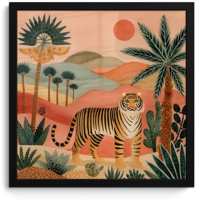 Poster in lijst - Fotolijst 40x40 cm - Posters - Tijger - Kleurrijk - Palmen - Cactus - Posterlijst zwart - Decoratie - Wanddecoratie woonkamer - Muurdecoratie slaapkamer