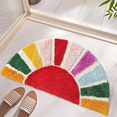 Boho Badezimmerteppich in Halbrund, Rutschfest en Waschbar, Kleurrijke Retro Badmat met Zonnendesign, 40 x 76 CM, Ideaal voor Badkamer en Douche