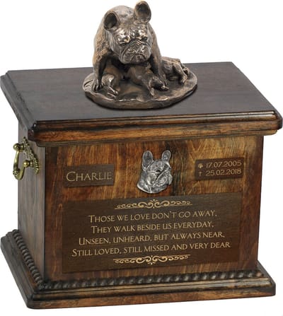 Franse Bulldog urn met beeldje - gepersonaliseerde urn voor hondenas