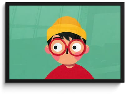 Poster in lijst - Fotolijst 60x40 cm - Posters - Jongen - Cartoon - Bril - Muts - Posterlijst zwart - Decoratie - Wanddecoratie woonkamer - Muurdecoratie slaapkamer - Kerstversiering - Kerstdecoratie voor binnen - Kerstmis