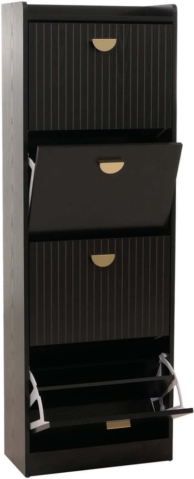Schoenenkast MCW-O39, schoenenrek met 4 klepdeuren, MDF, melamine, metaal, 148x50x24cm ~ houtlook zwart