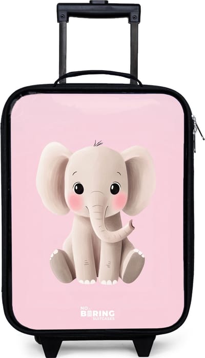 NoBoringSuitcases.com® - Kinderkoffer jongen - Kindertrolley meisje - Olifant - Baby - Blosjes - Illustratie - Koffer kind lichtgewicht - Reiskoffer trolley voor kinderen - Koffertje met lichtgevende wieltjes - Rolkoffer zwart